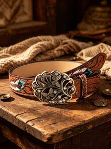 1pc Bohemian Hollowed Out Floral Buckle With Painted Feather Print PU Belt, Available In Brown And Burgundy Colors, Suitable For Travel Wear, Unisex - Multicolor - View 3