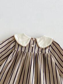 Miniweenns 1pc Baby Girls College Style Ruffle Bow Vertical Stripe Vintage Princess Long Sleeve Dress, Spring/Autumn Back To School Season - Khaki - View 7