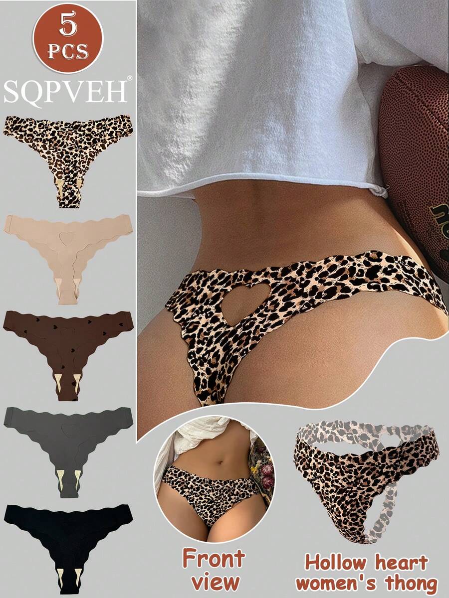 SQPVEH 5件組多色女款黏性丁字褲，鏤空愛心設計，無縫透氣內褲