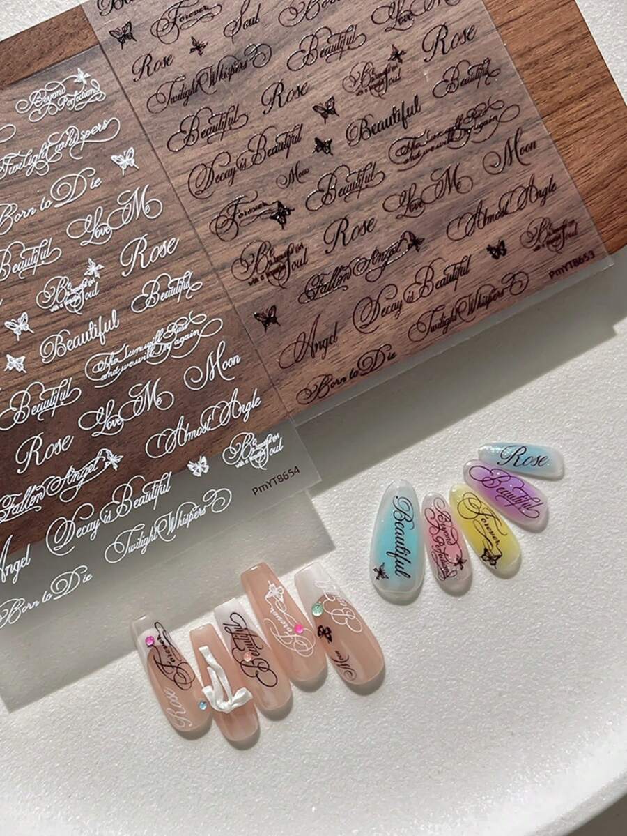 1張哥德式美甲貼紙 金屬銀箔草寫字體蝴蝶圖案 自黏式美甲藝術貼紙 適用美甲3D裝飾