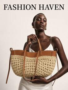 1pc Woven Patchwork Tote Bag, Raffia Straw & PU Leather Contrast Design, Handmade Summer Beach Bag Suitable For Vacation, Commute, Daily Use, Can Hold Phone, Wallet, Keys, Cosmetics, Umbrella, Suitable As Birthday Gift, Holiday Gift, Bestie Gift, Travel Companion - Brown - View 2