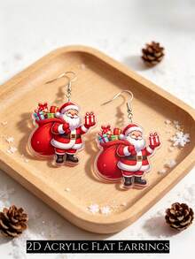 2D Santa Claus Gift Pendant Earrings, Flat Acrylic Double-Sided Print, Christmas Cartoon Lightweight Ear Accessories, Perfect Halloween, Thanksgiving, Christmas Gift For Girls And Women, Cute Fashion Accessory Suitable For Any Occasion - Santa Claus - View 8