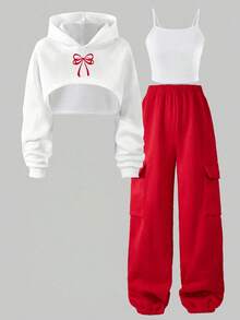 Girls' Casual Loose Bow Print Hooded Sweatshirt, Knitted Camisole Top And Red Knitted Cargo Pants, 3 Pieces Set Suitable For Spring, Autumn And Winter - Red - View 2
