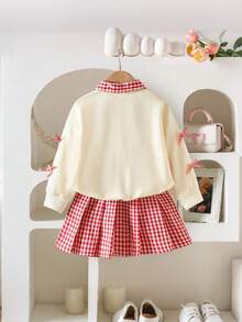 Baby Girl Bear Print 2 In 1 Long Sleeve Top And Plaid Skirt - Apricot - View 2