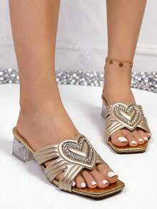 1 Pair Women Champagne Heart Rhinestone Slide Sandals, Slip On Daily Party Dress Footwear - Gold - View 5
