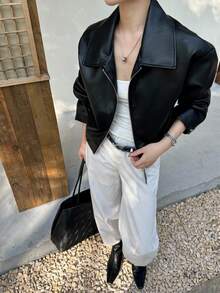 Women's Black Leather Jacket Autumn, Lapel Zipper Aviator PU Jacket, Commute Minimalist Style, Suitable For Autumn/Winter Wear - Black - View 6