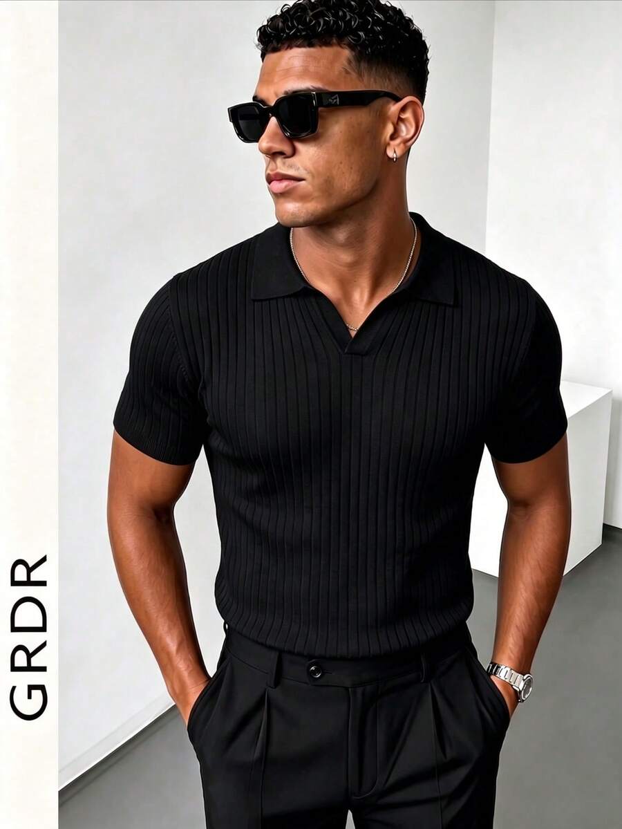 GRDR 男士夏季纯色 Polo 领短袖针织衫，适合夏季外出穿着，时尚造型必备单品