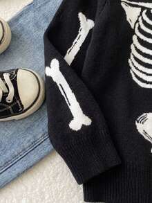 Boys Streetwear Halloween Skeleton Graphic Knit Pullover Sweater, Suitable For Halloween, Autumn And Winter - Black - View 6