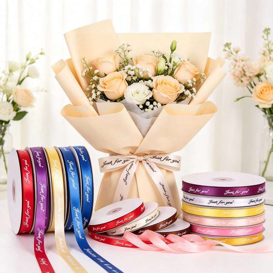 1CM*1151.9IN Multicolor "Only For You" Printed Satin Ribbon, Shiny Polyester Faux Silk Ribbon, Suitable For Bouquet Packaging, Flower Shop Handmade Bow Making, Wedding Bouquet Decoration - 1cm*1151.9in - View 1