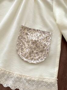 Girls Casual Fashion 2-Piece Set, Lace Trim Long Sleeve Top And Wide Leg Pants, Autumn - Apricot - View 4