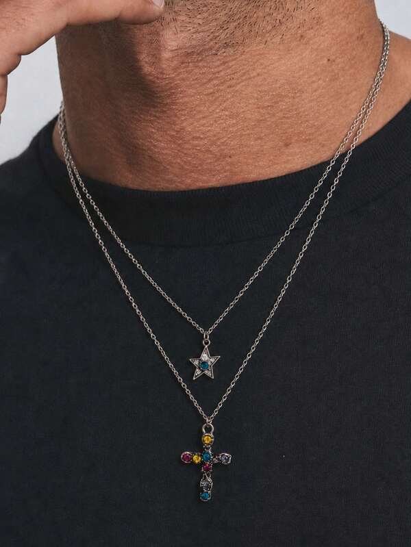 2pcs/Set American Street Style Colorful Gem Starburst Cross Double Layer Necklace, Distressed Silver Men's Punk Layered Collarbone Chain
