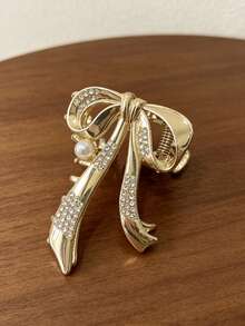 1pc Luxury Light Gold Bowknot Rhinestone & Pearl Hair Claw, Medium Metal Hair Claw, Women's Party Wedding Daily Updo Hair Accessory - Multicolor - View 7