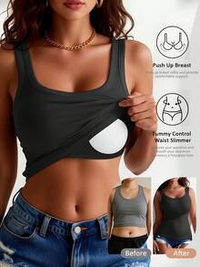 2pcs Women'S Ribbed Backless Tank Top With Built-In Bra, High-Stretch Skin-Friendly And Wearable As Outerwear, U-Neck Design Suitable For Yoga - 彩色 - 查看 3