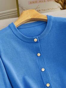 Solid Color Versatile Minimalist Elegant Knit Cardigan - Blue - View 5