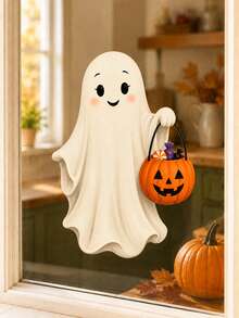 1pc Halloween Cute Trick-Or-Treat Ghost With Pumpkin Candy Bucket Window Sticker, Self-Adhesive Peel And Stick PVC Window Decal, Waterproof Removable Glass Door Decor For Living Room Bedroom Kitchen Kids Room & Halloween Party Home Decoration - Multicolor 2 - View 12