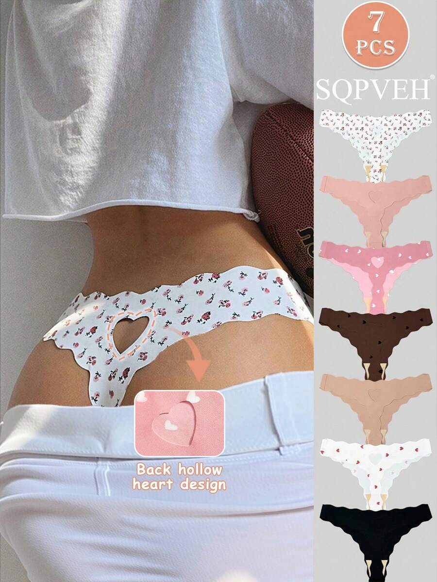 SQPVEH 7条/包 情人节女士内裤，花卉爱心图案，镂空爱心设计，性感舒适低腰丁字裤