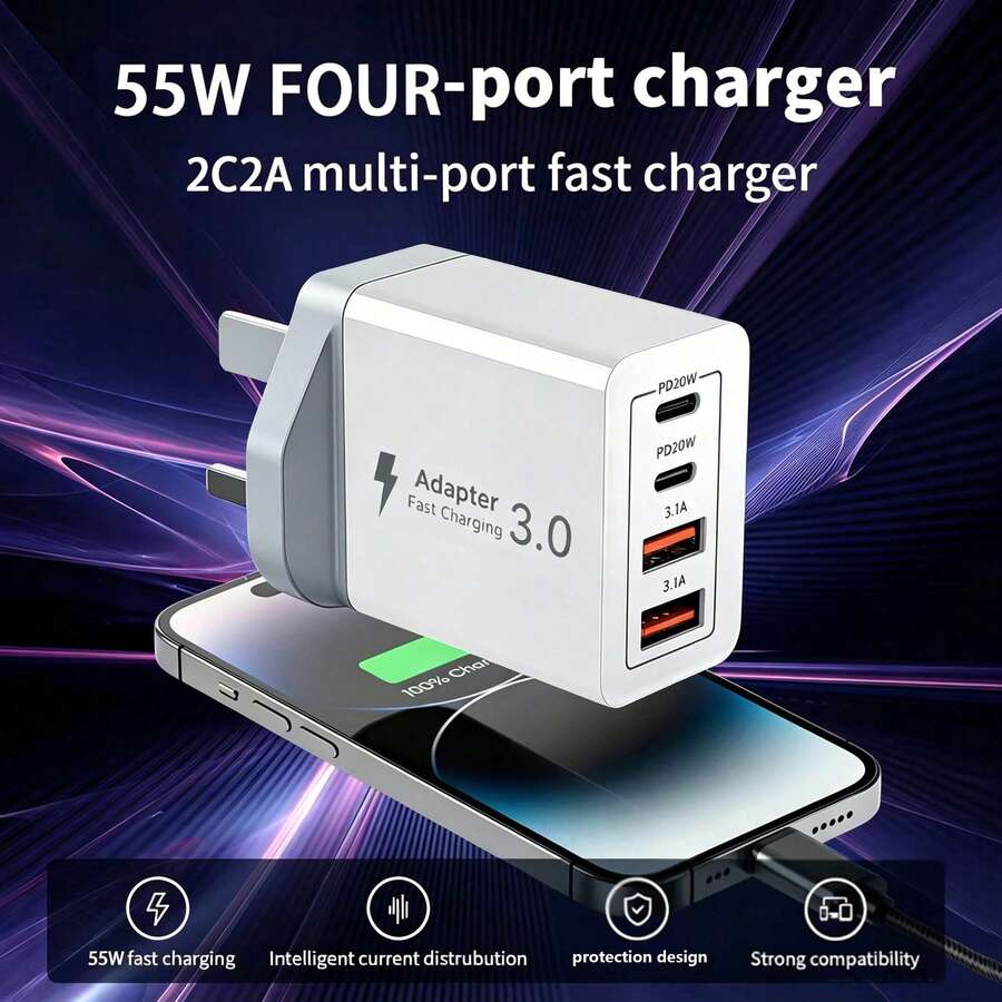 Adaptor Dinding Pengisian Cepat 4-in-1 55W PD&QC, Steker Inggris, Adaptor Multi-Port 2USB-C + 2USB-A, Kompatibel dengan iPhone 17/16 Semua Seri dan Model - View 1