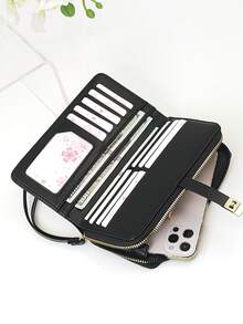Women's Mini Handheld Phone Wallet, Exquisite Snap Closure, Colorblock Patchwork, Soft PU Long Wallet, Multi-Functional Large Capacity ID Card Holder, Zipper Coin Purse, Lightweight And Fashionable - Black - View 5