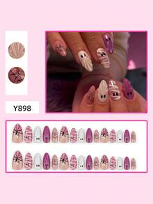 30pcs Pink Glitter Mummy Ghost Spider Bow Press-On Nails, Medium Almond Glossy Sweet Cool Pale Pink Halloween Cute Reusable 3D Fake Nails, White Wrinkled 3D Ghost, Striped Mummy Ghost, Mini Black Spider, Pink Purple Bow And Gradient Purple Glitter Nail Tips, 3D Purple Nail Art, Halloween Nail Art, Ghost Nail Art, Spider Nail Art, Suitable For Halloween Party, Light Gothic Outfit, Casual Date, Autumn Daily Look And Holiday Photo - Mauve Purple - View 9