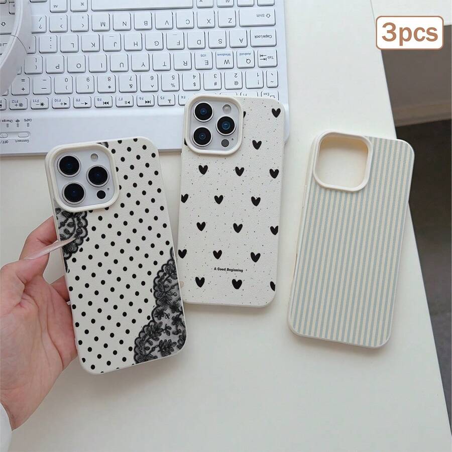 3件裝波點愛心條紋元素 TPU 防震全包覆精準保護殼，適用於 Apple 11/12/13/14/15/16/17 Pro Max - 彩色 - 查看 1