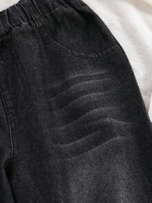 Girls' Black Denim Jeans, Fashion Casual Versatile Style, Cat Whisker Wash Effect, Wide Leg Long Pants, Suitable For Spring, Summer, Autumn, Winter - Black - View 5