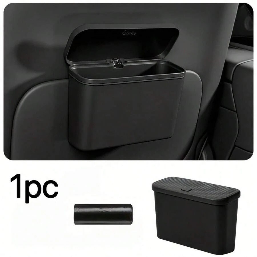 Black Car Trash Can, Multifunctional Hanging Storage Box With Lid, Detachable & Washable, ABS Material, 7.28*3.86*5.04in, Fits Door/Seat Back/Console, Includes 1 Roll Of Garbage Bags - Black Trash Can + 1 Roll Of Trash Bags - View 1