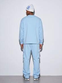 Modcrash Mens 2 Piece Tracksuit Set, Solid Crew Neck Long Sleeve Sweatshirt And Cargo Pocket Drawstring Sweatpants, Casual Streetwear Daily Matching Outfit - Baby Blue - View 2
