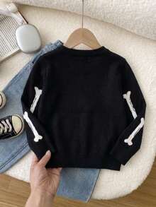 Boys Streetwear Halloween Skeleton Graphic Knit Pullover Sweater, Suitable For Halloween, Autumn And Winter - Black - View 4