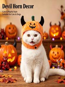 1pc Pet Halloween Pumpkin Hat With Devil Horns, Adjustable Chin Strap Cute Pumpkin Headwear Costume Accessory, Soft Plush Party Hat For Small Medium Cats Dogs, Halloween Cosplay Holiday Photo Props - Multicolor - View 5