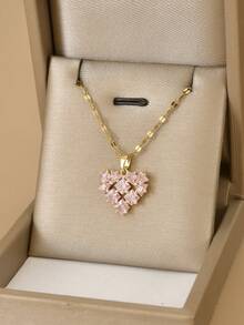 1pc Fashion Pink Cubic Zirconia Heart Stainless Steel Women's Necklace, 1 Pair Fashion Pink Cubic Zirconia Heart Stainless Steel Women's Earrings, Gold Necklace, Gold Earrings, Stainless Steel Jewelry, Gold Jewelry, Summer, Beach, Vacation Jewelry, Charm, Pride, Western Jewelry, Gift For Women, Gift, Birthday Gift - Pink - View 2
