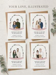 Custom Photo Cartoon Wedding Greeting Card, Upload Couple Photos To Create Cute Hand-Drawn Portraits Including Pets. Custom Names, Wedding Date, Venue And Invitation Words. Sweet Personalized Greeting Card For Wedding Events. - Multicolor - View 2