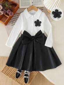 2pcs Young Girls Minimalist Premium 3D Floral Decor Long Sleeve POLO Shirt & Large Bow Leather Pleated Mini Skirt Set, Spring/Autumn - White - View 2