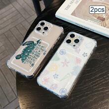 2pcs Ocean Print Card Holder Phone Case TPU Shockproof Full Coverage Precise Protection Cover Compatible With Apple 11/12/13/14/15/16/17 Pro Max - Clear - View 2