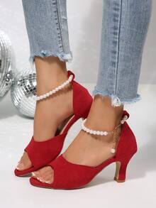 Burgundy Pearl Chain Peep-Toe High Heel Sandals, Fairy Style Chunky Heel Wedding Shoes - Red - View 7