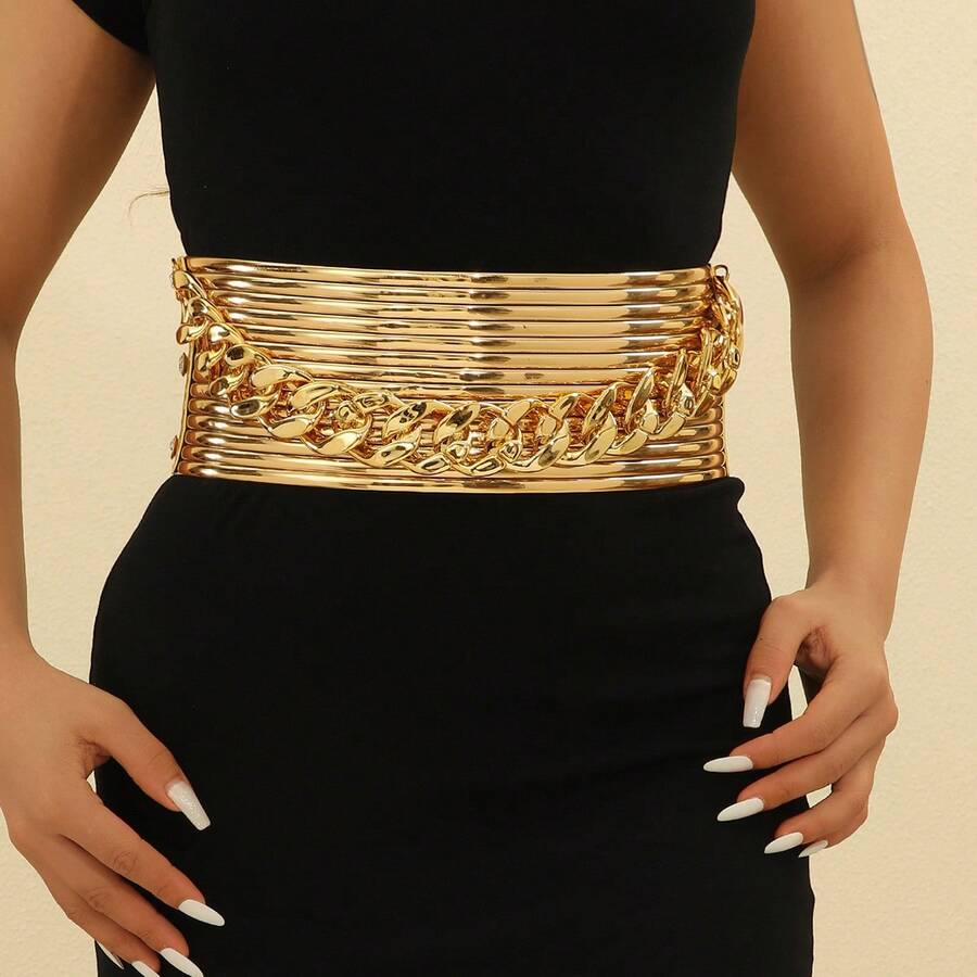 Exaggerated Retro Gold & Silver Metal Chain Wide Waist Belt For Europe, America And Africa - Gold - View 1
