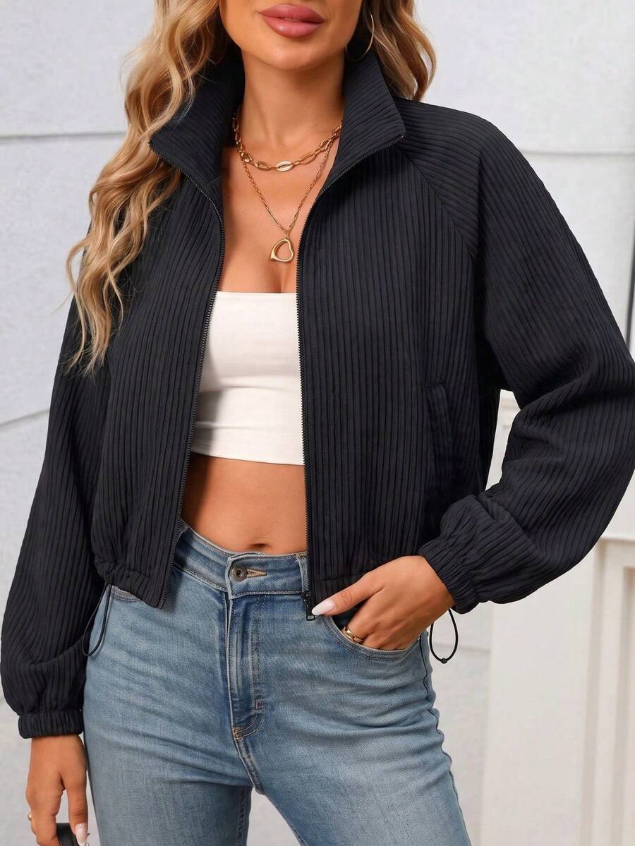 Fashionable Minimalist Spring/Autumn Women's Stand Collar Solid Color Commuter Short Casual Jacket; Black - Black - View 1