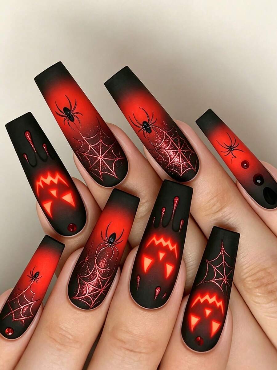 24pcs Long Water-Pipe Style Halloween Y2K Design Classic Elegant Red & Black Gradient Ombre Pumpkin Funny Ghost Face Spider Web Polka Dot Striped French Glossy Shiny Bright White False Nails Fashion Versatile Wearable Nails Suitable For Dates Parties Spring Summer Women And Girls Autumn Winter Daily Wear Removable Press-On Nail Set With Jelly Glue And Nail File Easy To Wear And Durable Jelly Glue Randomly Shipped - Burgundy - View 1