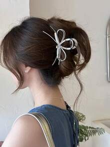 1pc Silver Ribbon Bow Hair Claw Clip, Minimalist Elegant Hair Claw For Back Of Head Updo, Commuter Hair Accessory - Silver - View 1
