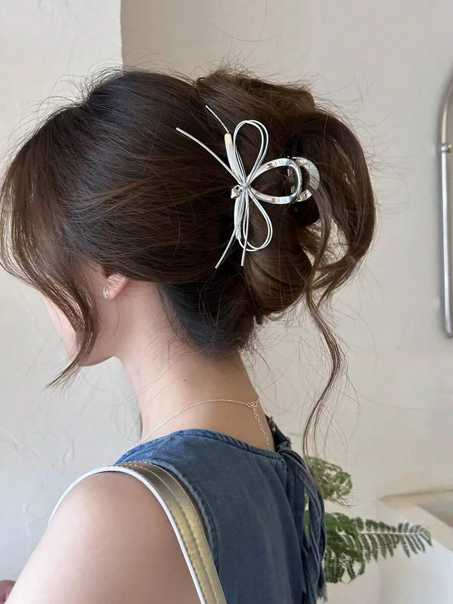 1pc Silver Ribbon Bow Hair Claw Clip, Minimalist Elegant Hair Claw For Back Of Head Updo, Commuter Hair Accessory - Silver - View 1
