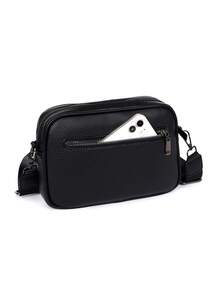 Unisex Crossbody Shoulder Bag, Casual Rectangular Black Litchi Grain Flap With Buckle And Wide Strap, Minimalist Commute Daily Date Travel Bag, Sling - Black - View 9