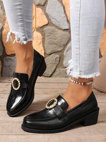 Women's Solid Color Preppy College Commute Pure Metal Chunky Heel Slip-On Loafers Office Shoes - Black - View 5