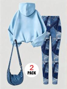 1 Set Girls' Bow Print Hooded Sweatshirt + Denim Patchwork Leggings Outfit, Suitable For School And Casual Daily Wear - Multicolor - View 3