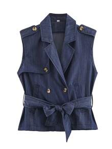 Women's Solid Color Sleeveless Collared Tank Top With Belt Summer - Navy Blue - View 10