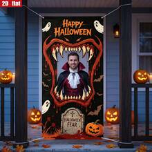 2d Plane Halloween Giant Fangs Rectangular Hollow Frame Photo Background Banner Thickened Polyester Fabric Size, Very Suitable For Indoor And Outdoor Door Flag Background, Room Decoration Hollow Door Flag Background. - 1 - View 1
