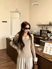 Vintage Patchwork Contrast Color Polo Collar Casual Versatile Slim Fit Long Sleeve Knit Top - Apricot - View 3