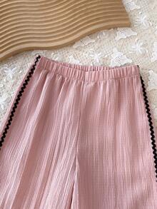 Girls' New Fashion Lace Black Trim Bow Long Sleeve Top And Wide Leg Pants 2 Pieces Set, Autumn - Pink - View 6