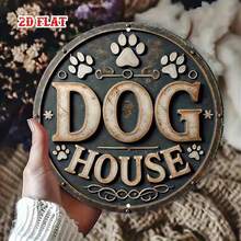 2D Flat Single Piece Dog House Round Sign, Pet Lover Round Wall Decor Paw Print Vintage Metal Wall Art, Wall Decoration Sign, Suitable For Home, Garage, Restaurant, Cafe, (Random Hole Position) - A - View 7