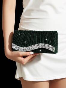 REMANLAND 4pcs Evening Jewelry Set With Rhinestone, Luxury Rhinestone Pleated Clutch Bag, Elegant Women's New Shoulder Evening Bag, Paired With Sparkling Rhinestone Pendant Jewelry Set, Rhinestone Pendant Necklace, Earrings, Bracelet, Suitable For Party, Wedding, Ball, Evening Event, Gathering - Dark Green - View 6