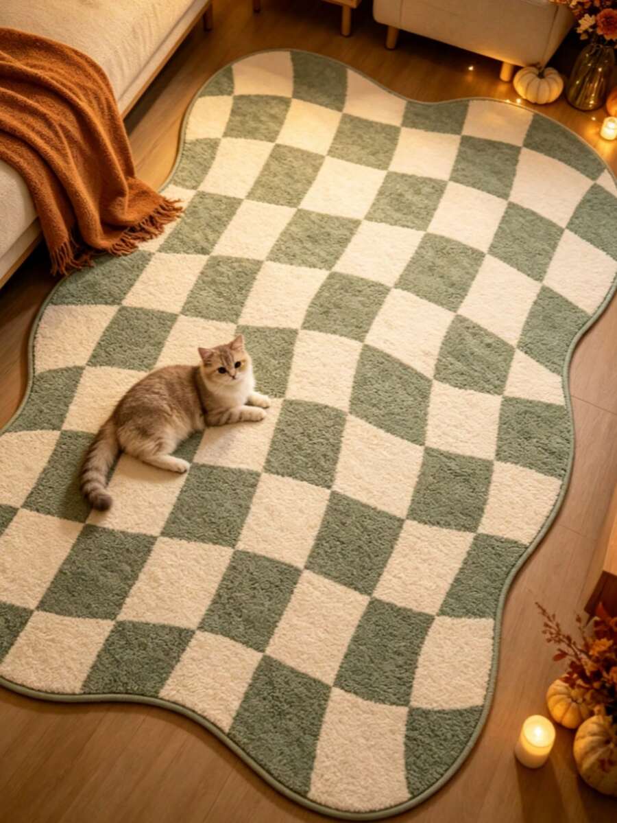 1件装柔软绿色棋盘格不对称艺术地毯，个性化美学风格装饰垫，ins风客厅美学地毯，现代简约软装点缀，不对称设计，小地毯，门垫，家居装饰，可水洗地毯 - 多色 - 查看 1