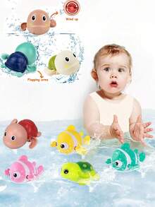 嬰兒洗澡水上玩具套裝，發條青蛙、螃蟹、小丑魚、海龜，嬰兒幼兒浴室游泳玩具 - 彩色 - 查看 6